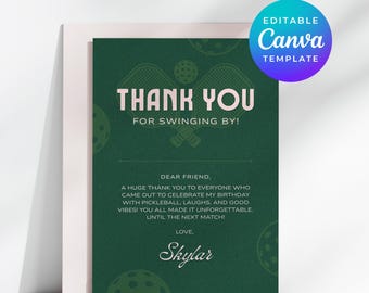 Pickleball Thank You Cards for Themed Birthday Party Editable Canva Template SMS Text E-Card Printable Note Instant Digital Download 7016