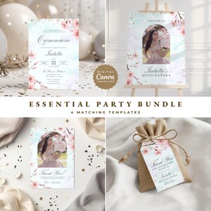 May include: A Quinceañera party bundle with four matching templates: an invitation, welcome sign, thank you card, and gift tag. The designs incorporate a photo, floral elements, and the text "Isabella's Quinceañera". The templates are digital.