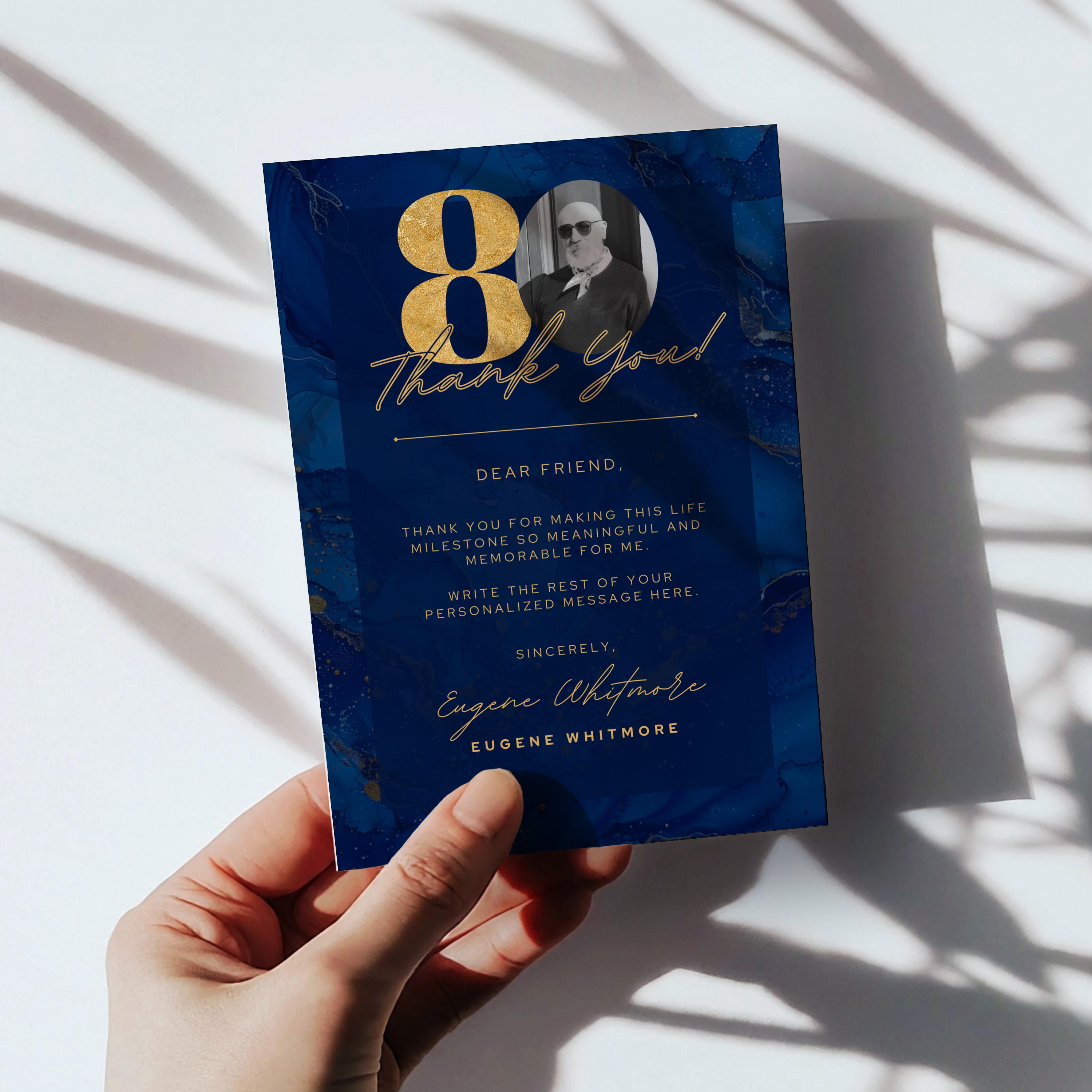 Blue and Gold Birthday Thank You Cards 80th Party Editable Canva ...