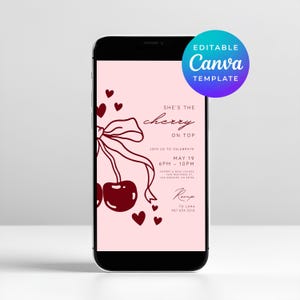 Invitación de video de cumpleaños de Evite "Ella es la cereza en la cima", tema de Galentine de Canva editable, invitación digital de fiesta de frutas dulces para cumpleaños de niña 7998
