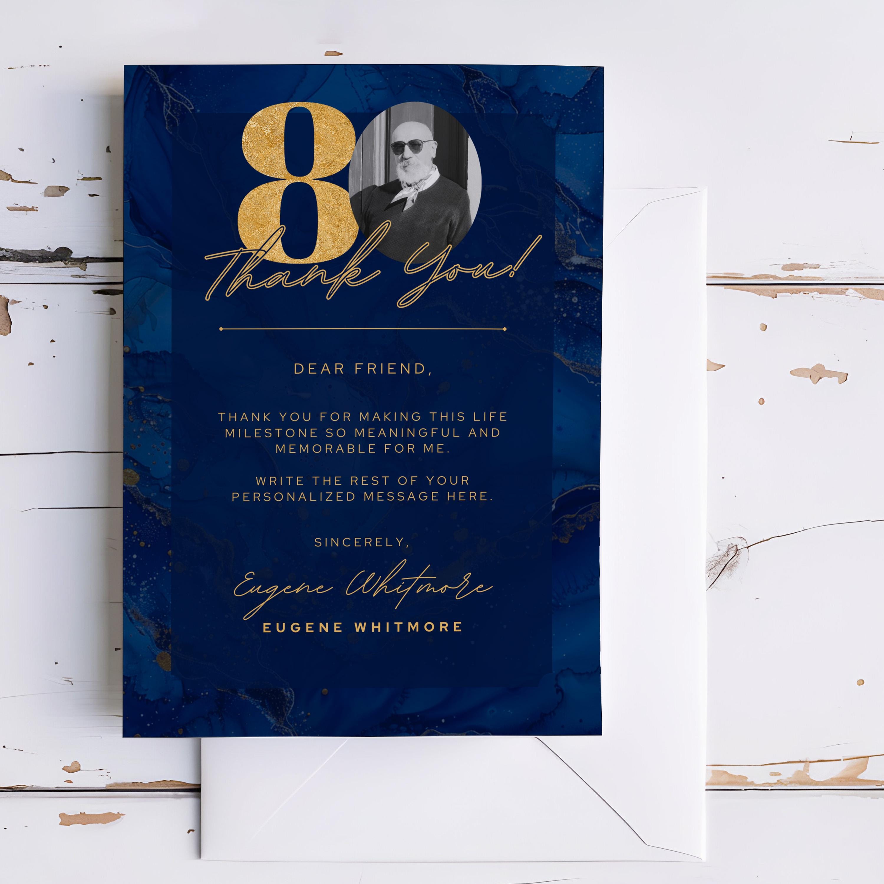 Blue and Gold Birthday Thank You Cards 80th Party Editable Canva ...