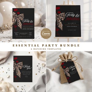 May include: A party bundle with four matching templates. Each template has a black background with a leopard print bow, red lipstick marks, and the text "Forty & fabulous". Includes a thank you card and a tag.