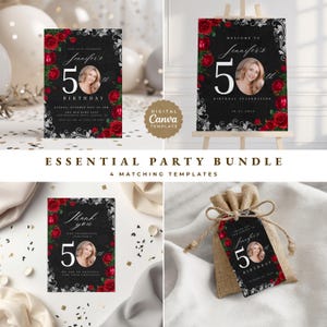 May include: A set of four matching party templates with a black background, red roses, and white decorative elements. The designs include text for a 50th birthday celebration and thank you notes, suitable for a special event.