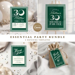 May include: A set of four matching party templates, including a birthday invitation, welcome sign, thank you card, and gift tag. The designs use a green and white colour scheme with golf-themed elements and the text "Matthew's 30th Birthday".