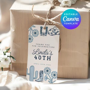Western Thank You Gift Coastal Cowgirl Blue 40 Year Old Birthday Tag Label Editable Canva Printable Template Instant Digital Download 1038