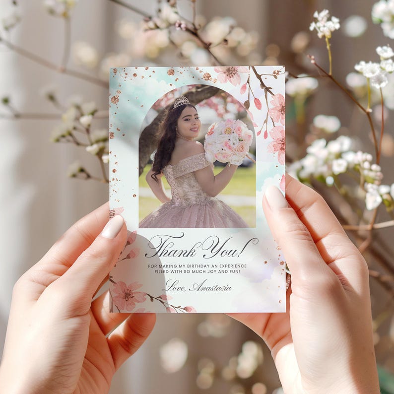 Thank You Card Cherry Blossom Spring Quinceanera Editable Canva ...