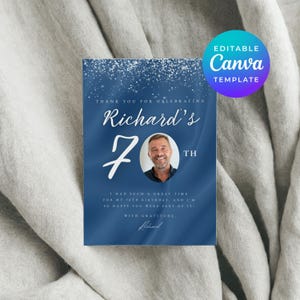70th Birthday Thank You Card Men, Blue Silver Party Photo Card, Customizable Canva Template, Editable Download, Instant Print With Pic 0631