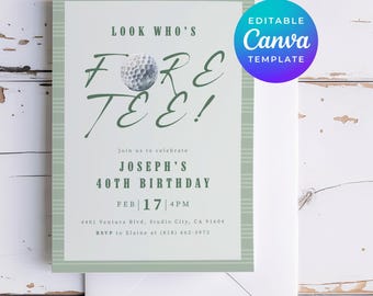 Invitación de cumpleaños para golfistas, invitación para el 40.º cumpleaños de hombres, plantilla editable de Canva para Fore Tee, descarga instantánea para fiesta de golf masculino (Evite 1773)