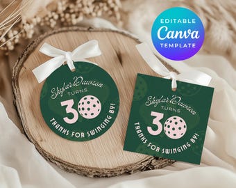 Pickleball Party Favor Tags Themed 30 Birthday Favors Printable Pink & Green Thank You Labels Editable Canva Template Digital Download 7016