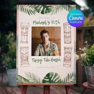 Tiki Mask Sign 30th Birthday Welcome Men Luau Tropical Themed Pic Photo Editable Printable Canva Template Party Poster Digital Download 3005