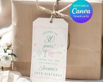 Etiquetas de agradecimiento para fiesta en la piscina con temática de Palm Springs para el 30.º cumpleaños de una mujer. Plantillas editables e imprimibles de Canva. Descarga digital 4671.