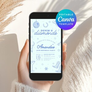 Denim Diamonds Evite bewerkbare e-uitnodiging canva sjabloon voor thema 30e verjaardag SMS elektronische uitnodiging Instant Digitale Download 5801