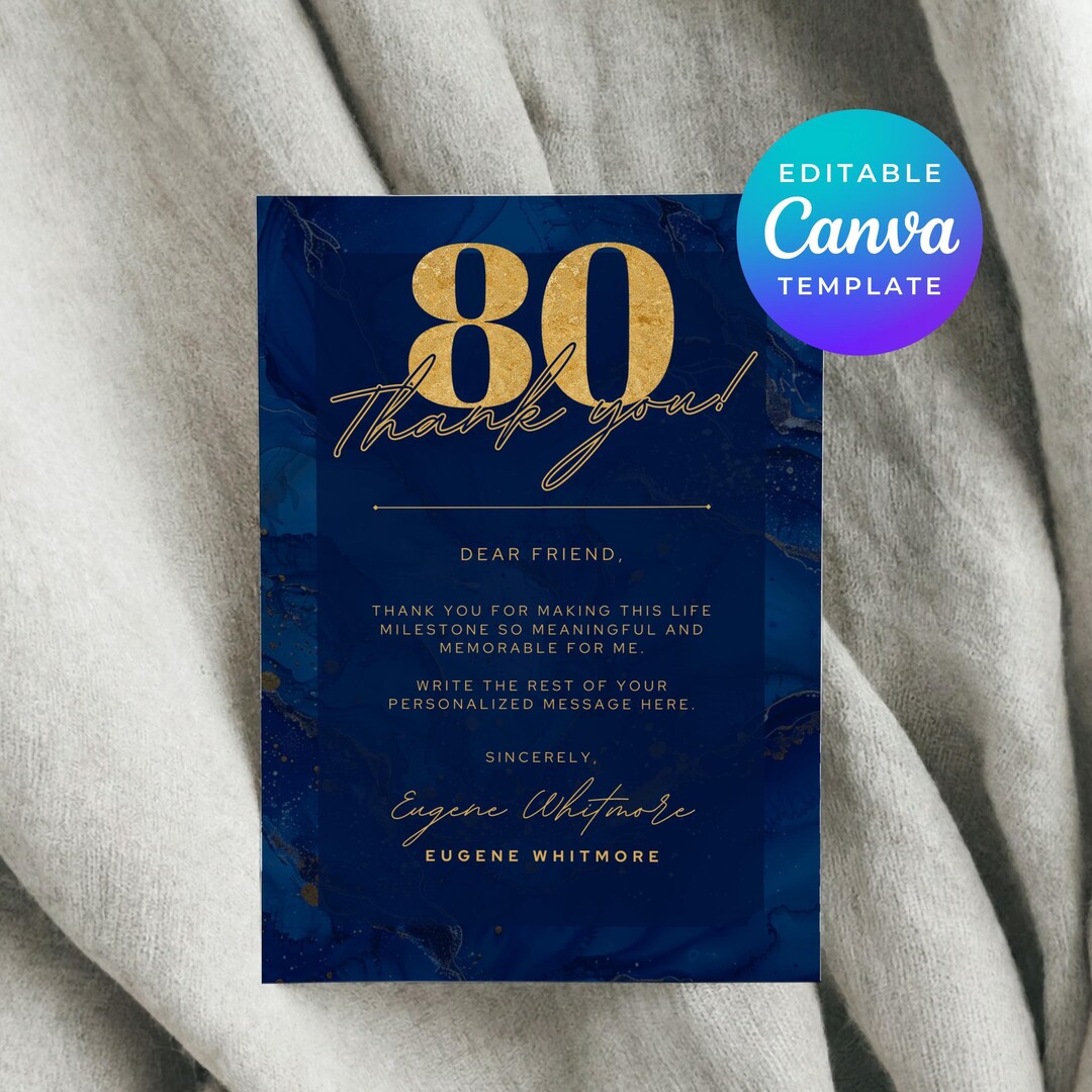 Blue and Gold Birthday Thank You Cards 80th Editable Canva Template ...