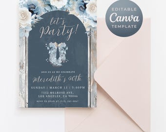 Western 40th Birthday Invitation, Rodeo Theme Party Evite Editable Canva Floral Template Instant Download for Women Cowgirl Blue Floral 2151