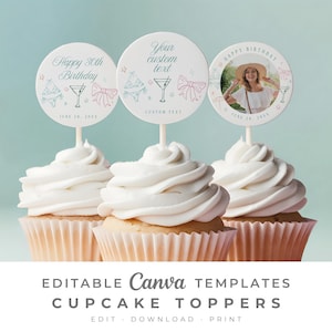 Decorazioni per feste di compleanno in piscina per donne, topper per torta in tazza per il 30° compleanno, tema Palm Springs, fiocchi per cupcake, modello stampabile con foto Canva da scaricare 4671