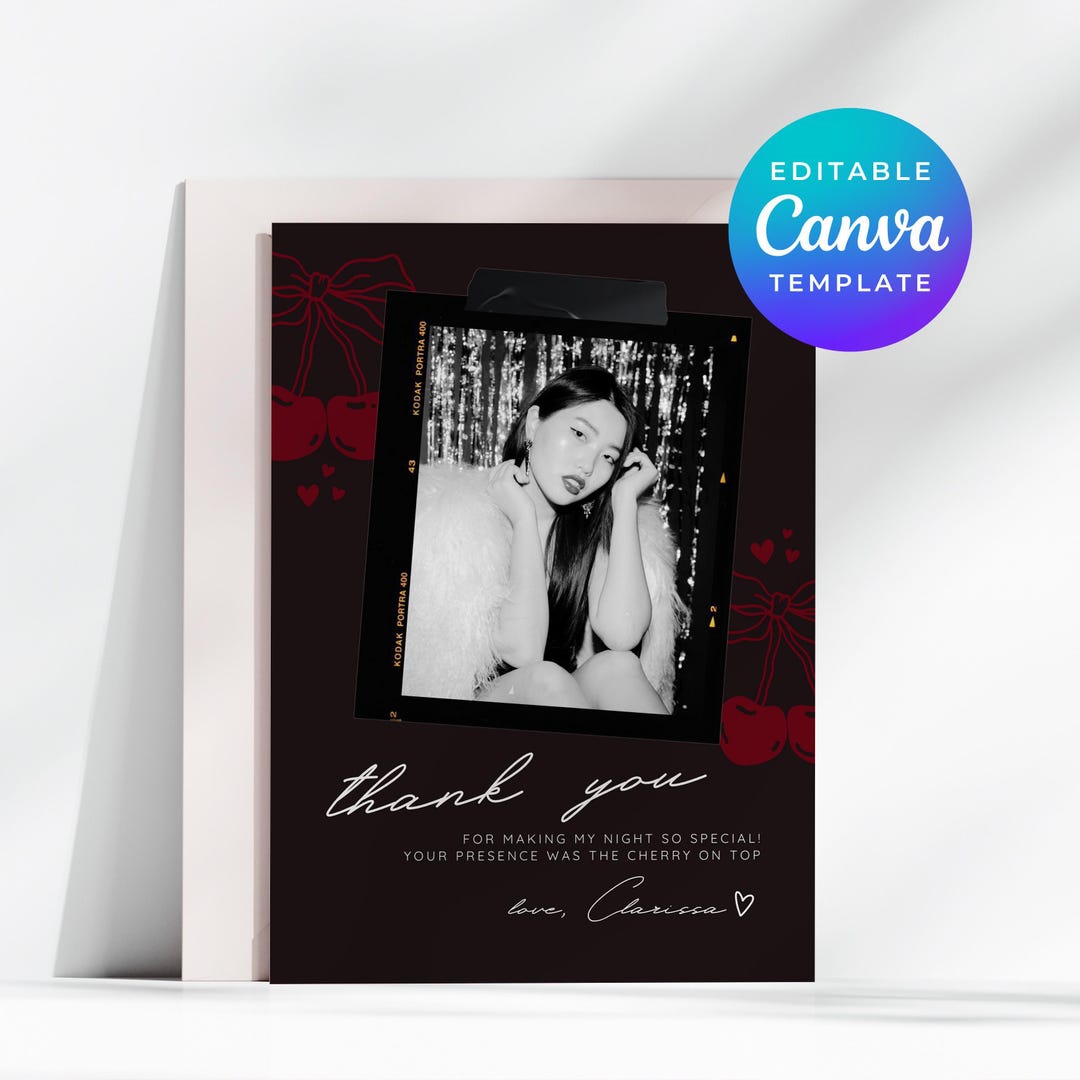 Cherry Theme Thank You Card Editable Canva Template With Photo Text E ...