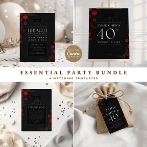 May include: A set of four matching party templates, including a black invitation, welcome sign, thank you card, and gift tag. Each design features red accents and the text "Jamie Chen's 40th Birthday Dinner". The templates are for a 40th birthday.