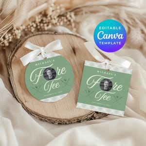 Lembrancinhas de doces para aniversário de 40 anos, lembrancinha personalizada com foto, tema "Men Pic Fore Tee", arquivo para impressão no Canva, download editável com foto 1787