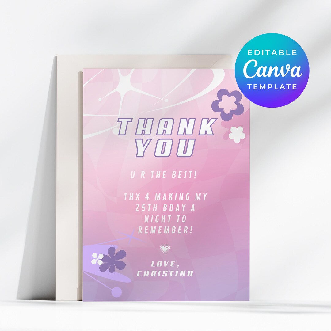 2000s Theme Party 25th Thank You Card Y2K Birthday Pink Editable Canva ...
