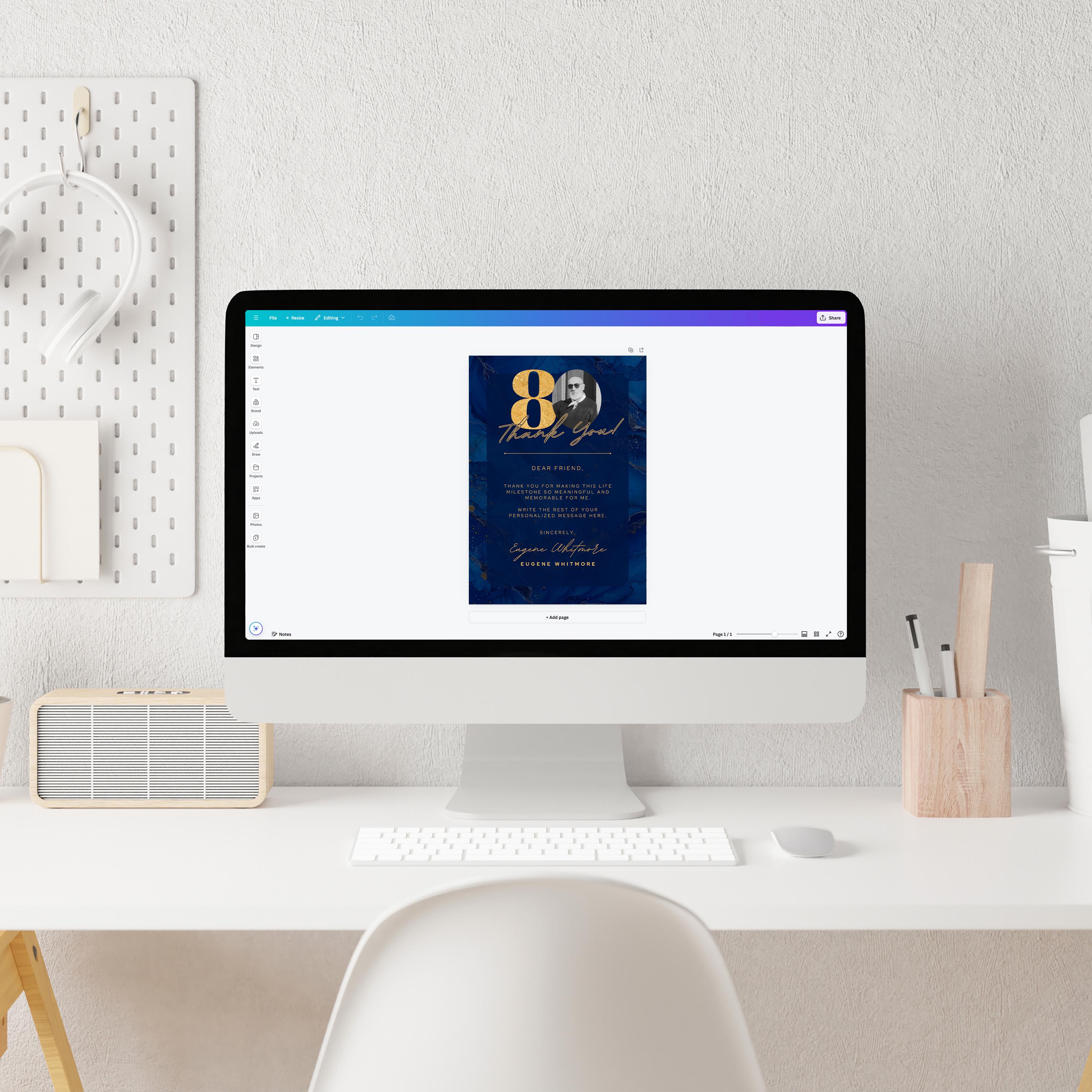 Blue and Gold Birthday Thank You Cards 80th Party Editable Canva ...
