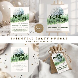 Golf Birthday Bundle 40th Mens Party Four Tee Forty Fortieth For Him Canva Templates Thank You Card Favor Tag Instant Digital Download 2144