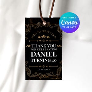 熟成された完璧なサンキュータグ、40歳の誕生日の記念品ラベル、バーボンをテーマにしたデコレーション、男性向けCanvaテンプレート、編集可能なダウンロード版 4050