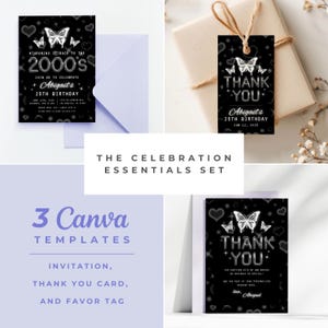 Y2k Birthday Party 2000's Theme Butterfly Invitation Thank You Card Favor Tag Mini Bundle Printable Canva Templates Instant Download 9247