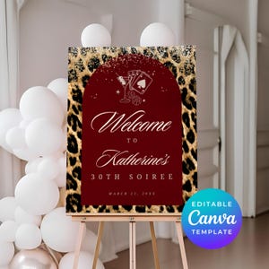 Panneau de bienvenue 30e anniversaire de la foule, affiche de la fête du casino, modèle de toile sur le thème léopard, signalétique de fête téléchargeable, anniversaire de la femme 0975