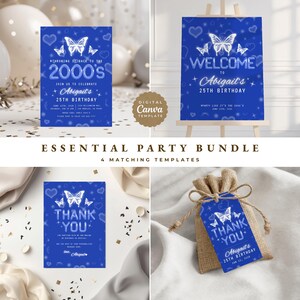 May include: A digital party bundle featuring four blue templates with white butterfly and heart graphics. The designs include text for a 2000s themed 25th birthday party, including welcome signage, invitations, thank you cards, and favour tags.