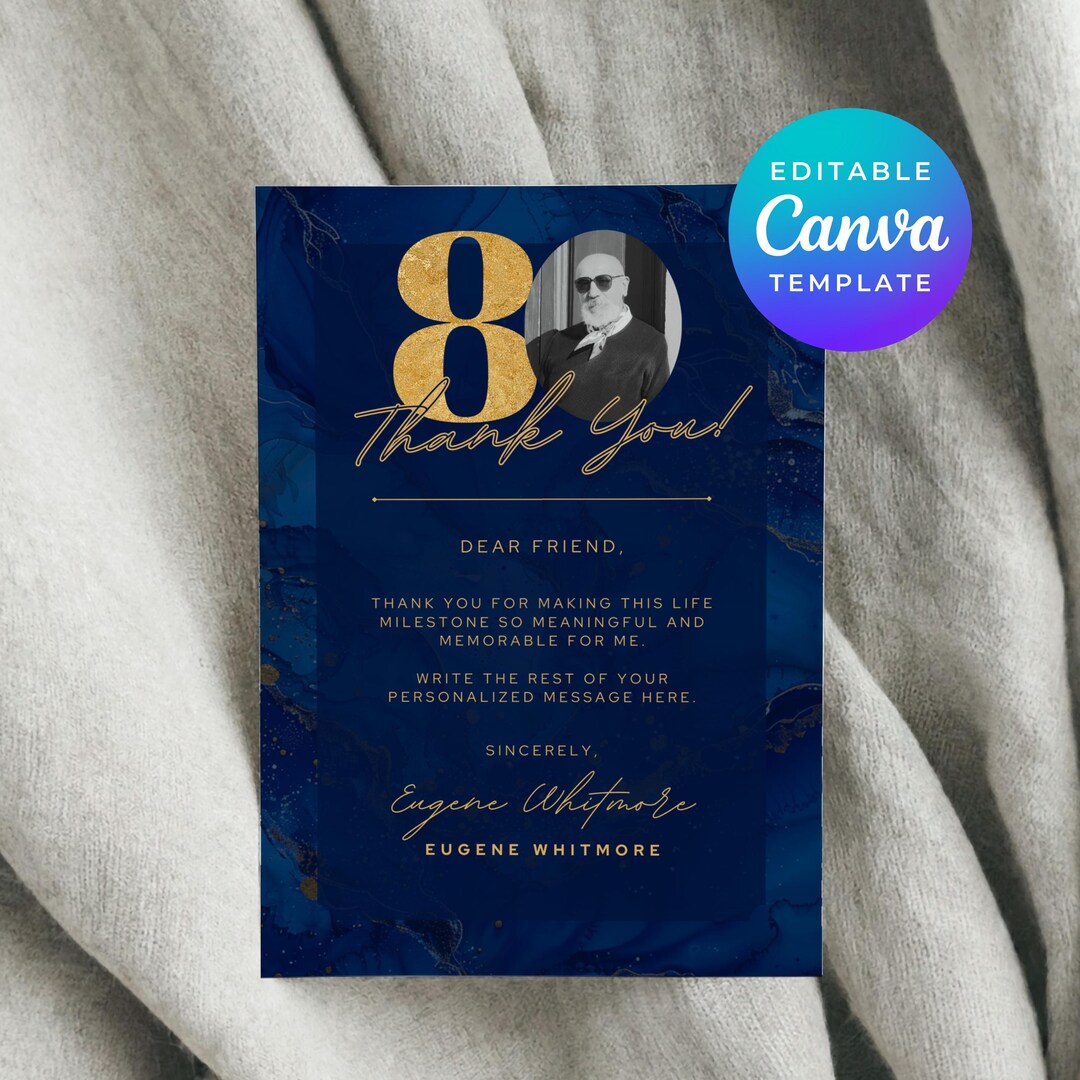 Blue and Gold Birthday Thank You Cards 80th Party Editable Canva ...