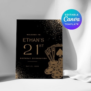 Casino Birthday Decorations Night Welcome Sign 21st Mens Black Gold Editable Printable Canva Template Party Poster Digital Download 3641