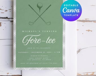 Invitación de cumpleaños número 40 para golfistas, fiesta temática de Fore Tee para hombres, invitación imprimible para golf, descarga editable en Canva, Evite instantáneo para él, 1787