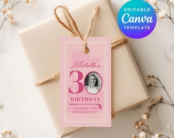 Golf Birthday Tags for Pink Themed Party Favors Thank You Gift Labels Editable in Canva Printable Template Instant Digital Download 3060