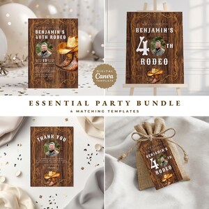 May include: A set of four matching party templates with a rustic wood design. The templates feature rodeo-themed graphics, including a cowboy hat and boots. Text includes "Benjamin's 40th Rodeo" and "Thank You".