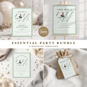 May include: A digital party bundle featuring four templates with a light green striped border and the text Look Who's Fore Tee. Each template includes a circular photo placeholder, event details for Joseph's 40th birthday, and thank you notes.