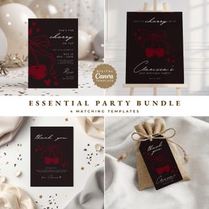 May include: A party bundle featuring four matching templates. The designs include a black invitation with red cherry graphics and the text "She's the cherry on top." Also included are a sign, thank you card, and gift tag.