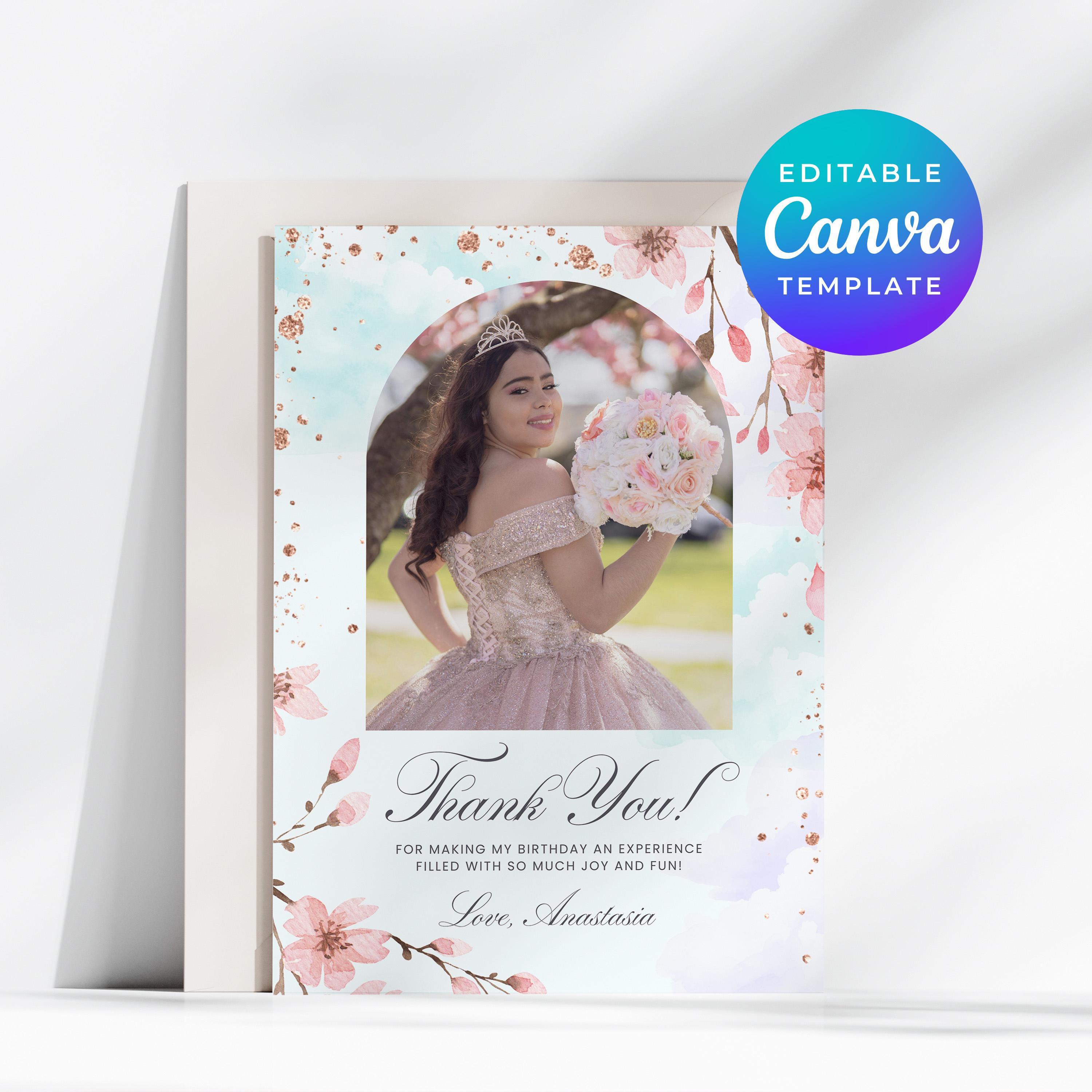 Thank You Card Cherry Blossom Spring Quinceanera Editable Canva ...