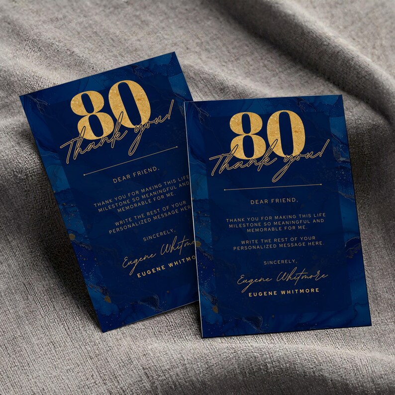 Blue and Gold Birthday Thank You Cards 80th Editable Canva Template ...