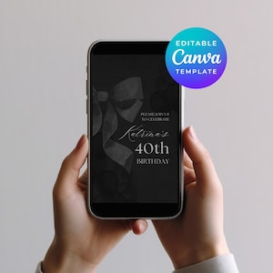40e verjaardagsuitnodiging zwarte strik thema bewerkbare geanimeerde e-vite canva sjabloon voor sms elektronische uitnodiging instant digitale download 1431