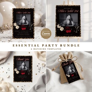 May include: A party bundle with four matching templates. The designs feature a black and leopard print border, a photo, dice, cherries, and a martini glass. Text includes "Mila's Wild 21st" and "Thank You".