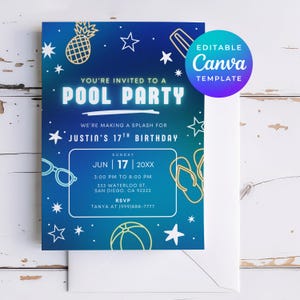 Convite para festa na piscina neon, menino de 17 anos, azul adolescente, tema de aniversário, modelo editável, modelo Canva, download digital instantâneo 0437