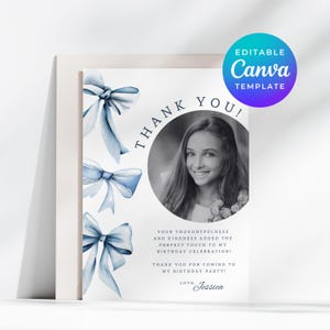 Photo Thank You Card With Bow Blue Ribbon Coquette Thirteenth Tween Picture 13th Editable Template Evite Instant Digital Download Canva 6199