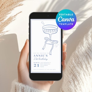 Parel en prosecco verjaardagsfeestje 21e Womens wit blauw feest uitnodiging e-uitnodiging sjabloon elektronische instant digitale download Canva 2224