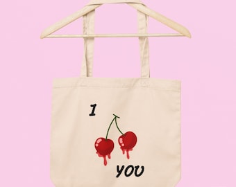 Cute Cherry Graphic Tote Bag, "I Cherish You" Shopper, Bold Graphic Design Organic Cotton Tote, Aesthetic Bag, Y2K Fashion, Couple Tote