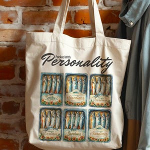 Retro Inspired Sardine Tin Tote Bag, Tinned Fish Canvas Bag, Fisherman Aesthetic, Gift for Fisherman, Farmers Market Bag