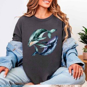 Unisex Whale Shirt in Yin Yang Design, Watercolor Blue Whales Graphic on Comfort Colors Tee, Perfect Beach Shirt Gift for Her or Him