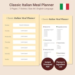 Classic Italian Weekly Meal Planner Instant Download