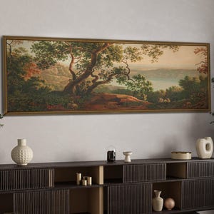 Vintage Landscape Framed Wall Art, Framed Landscape Painting, Canvas Wall Art, Panoramic Landscape Print, Horizontal Wall Art