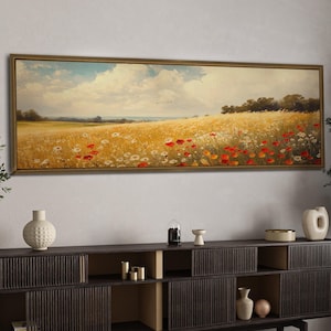 Panorama Wildblumen gerahmte Leinwand Wandkunst, Landschaft Leinwanddruck, horizontale Wandkunst, über dem Bett-Dekor, Blumenwandkunst, breite Wandkunst