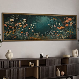 Framed Dark Floral Canvas: Panoramic Horizontal Wall Art